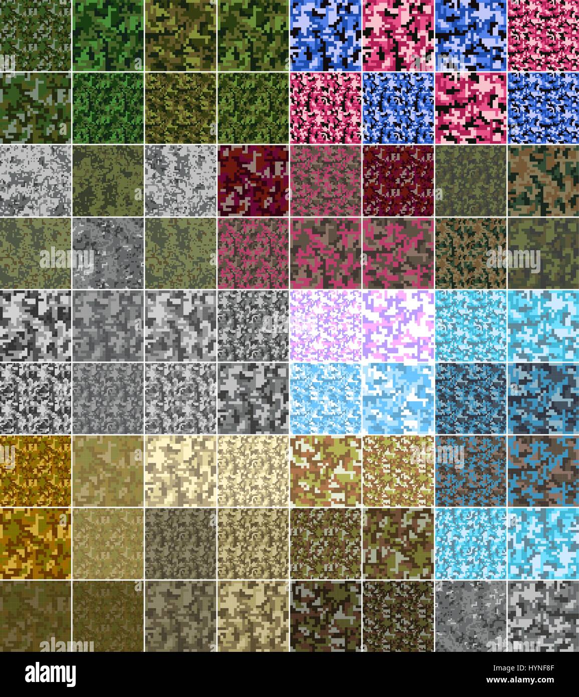 Pixel camo seamless pattern set di grandi dimensioni. Verde foresta, giungla urbana, rosa, blu, marrone camuffato. Illustrazione Vettoriale