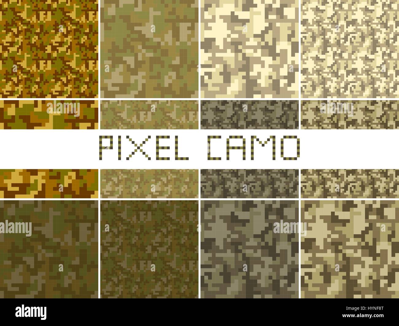 Pixel camo seamless pattern set di grandi dimensioni. Verde foresta, giungla urbana, brown camuffato. Illustrazione Vettoriale