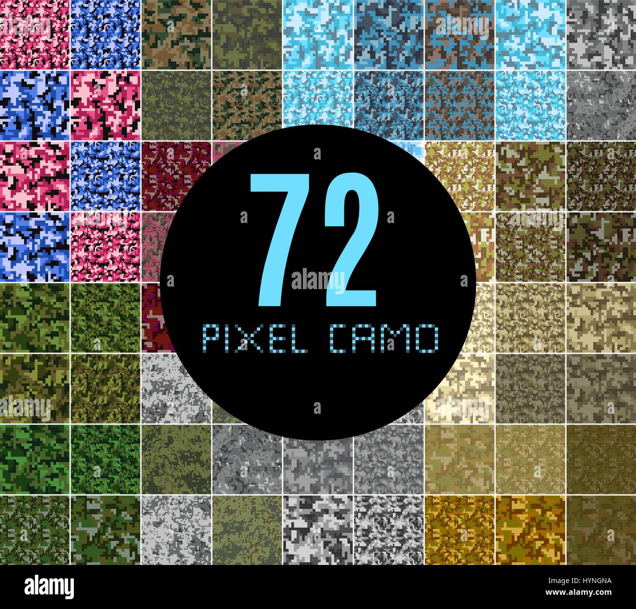 Pixel camo seamless pattern set di grandi dimensioni. Verde foresta, giungla urbana, rosa, blu, marrone camuffato. Illustrazione Vettoriale