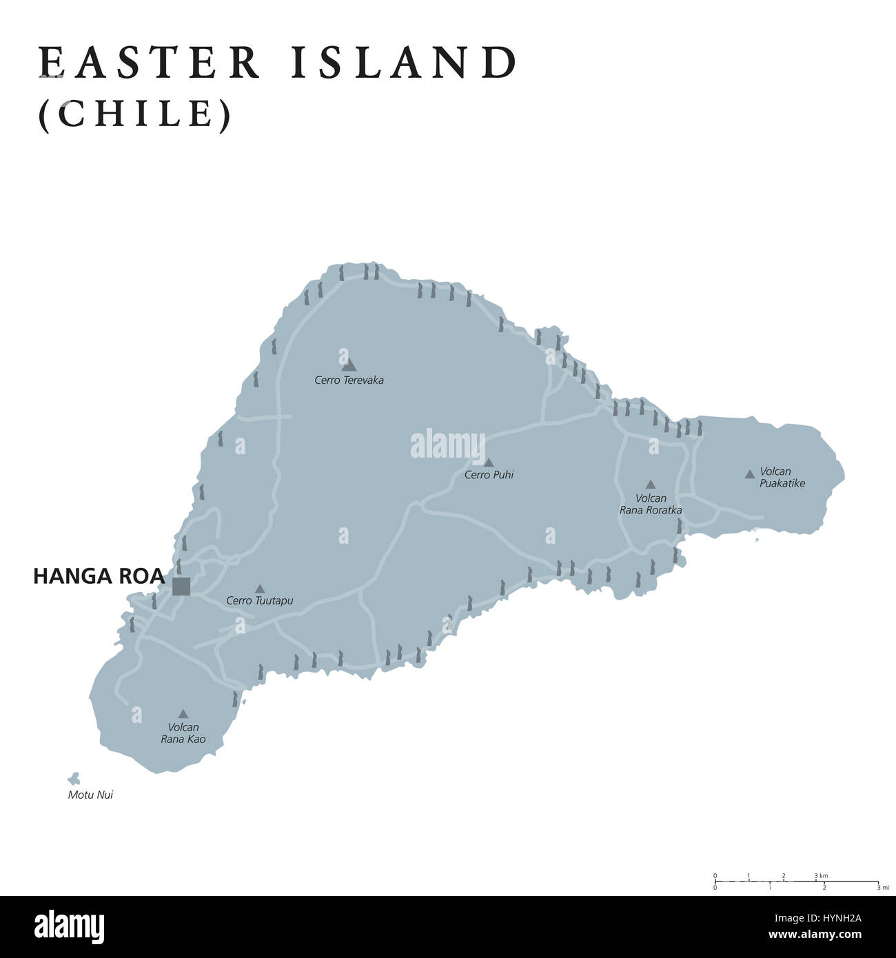 Isola di Pasqua mappa politico con capitale Hanga Roa, strade e monumentali statue Moai. Isola cilena nel sud-est dell'Oceano Pacifico. Foto Stock