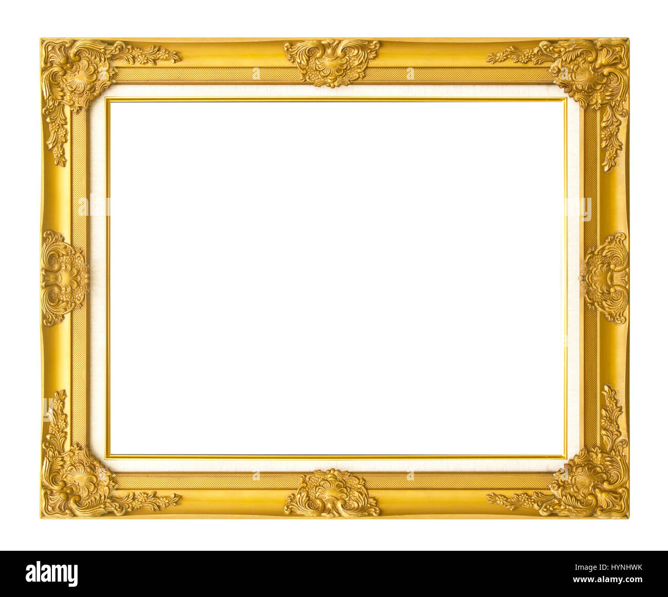 Antica cornice dorata isolati su sfondo bianco/oro cornice fotografica con angolo floreale di linea per foto Foto Stock