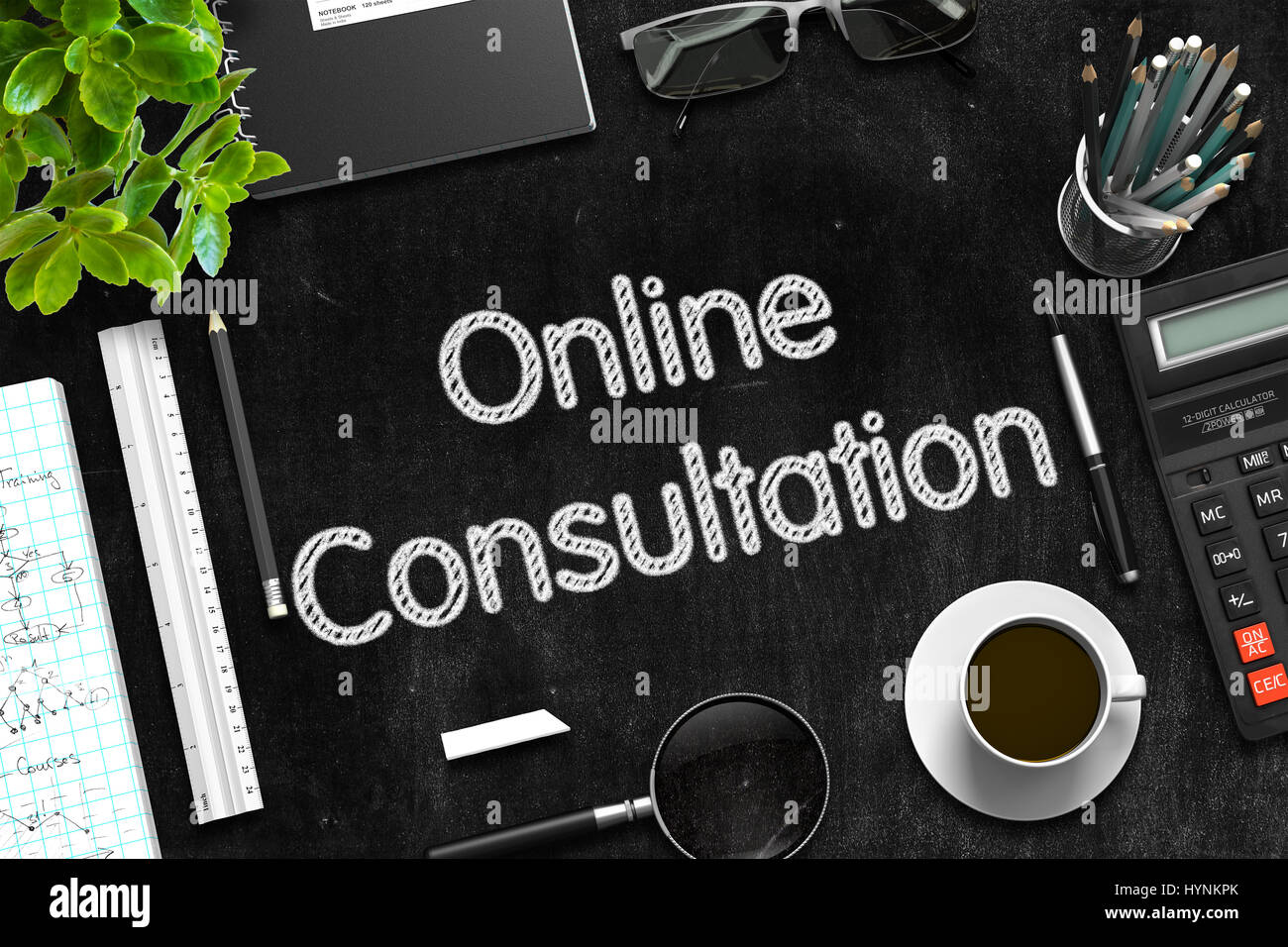 Lavagna nera con consultazione online. Il rendering 3D. Foto Stock