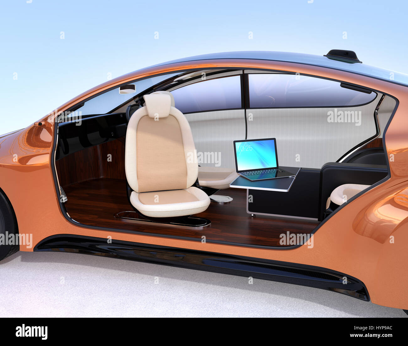 Guida auto auto concetto interno. Un computer portatile sul tavolo pieghevole . Il rendering 3D'immagine. Foto Stock