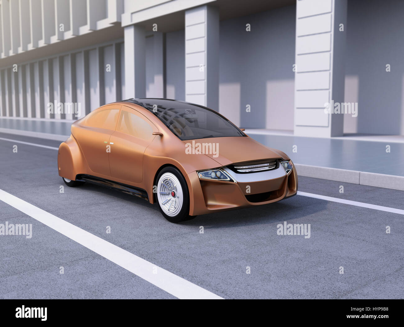 Golden autonoma di auto in strada. Il rendering 3D'immagine. Foto Stock