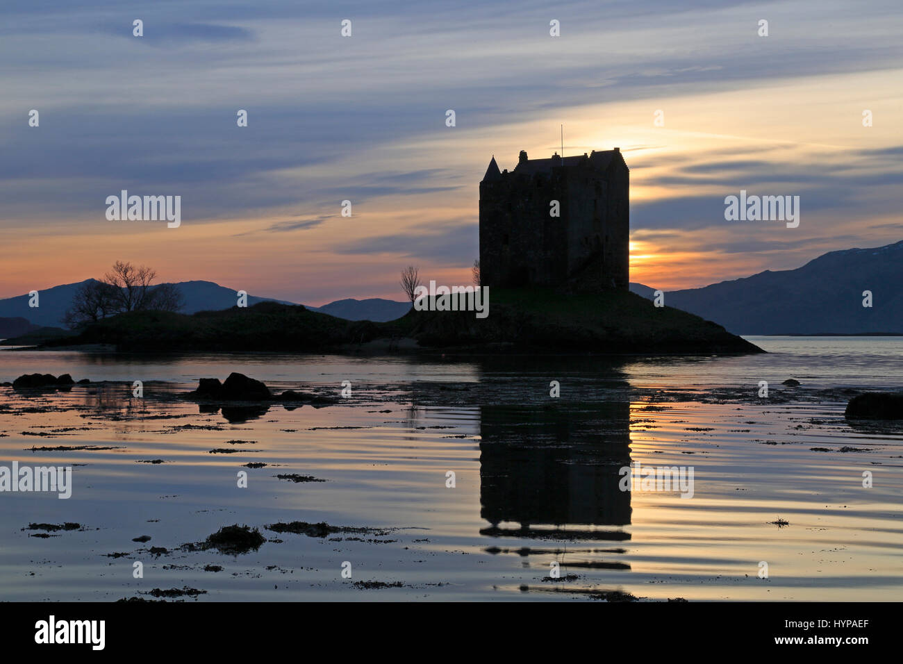 Castle Stalker in Argyll and Bute al tramonto Foto Stock