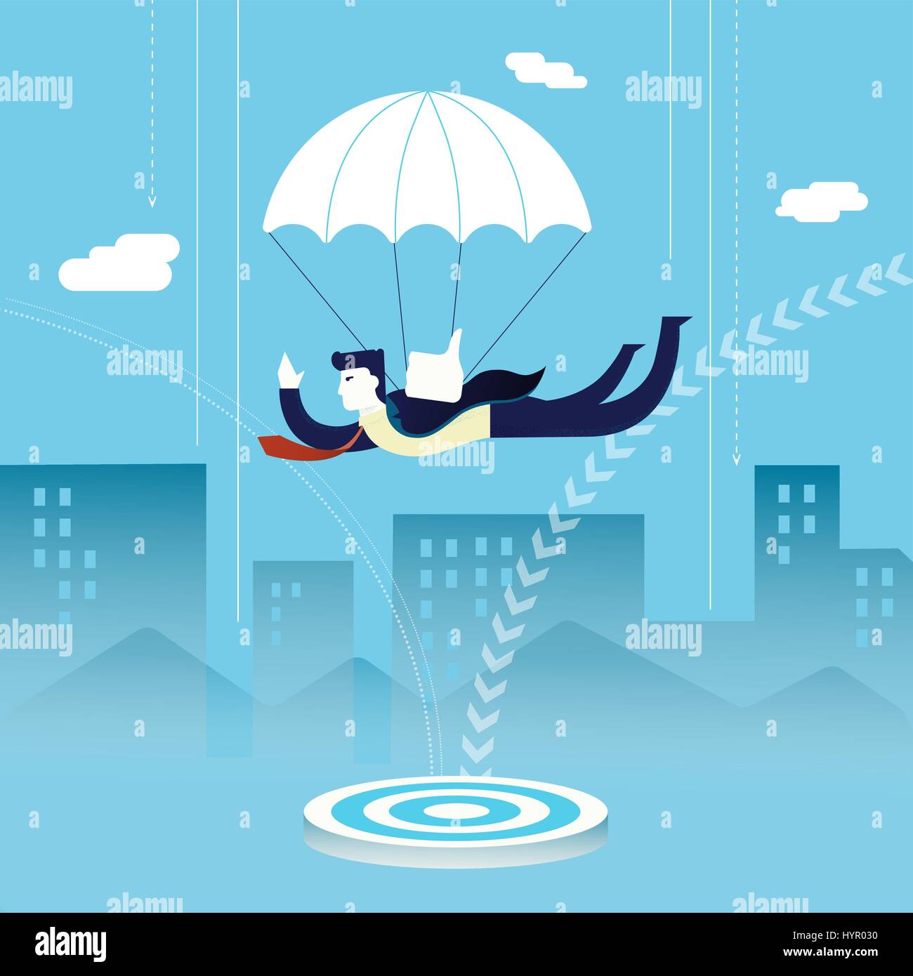 Gli investimenti delle imprese concetto illustrazione, imprenditore inverstor con atterraggio con il paracadute sul traguardo. Appartamento moderno art design professionale per il progetto. EPS10 Illustrazione Vettoriale