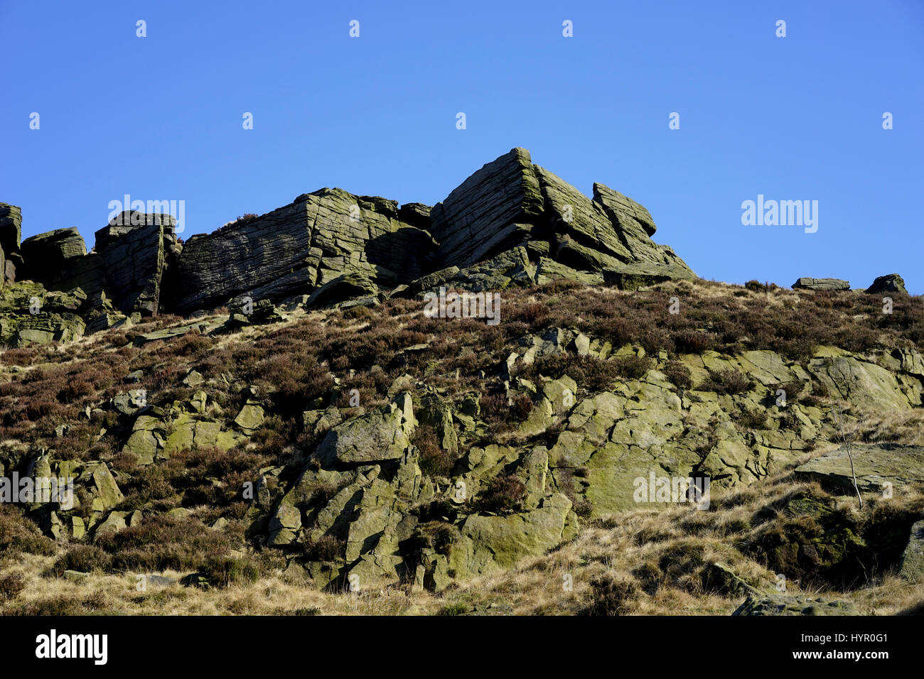 Scogliere di arenaria e rocce di Saddleworth Moor, Oldham,Lancashire,UK. Foto Stock