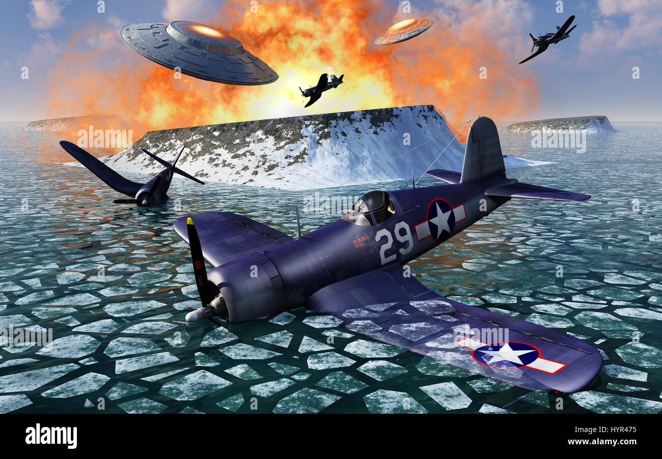 Una battaglia tra le forze americane e una flotta di UFO misteriosa , che ha avuto luogo presso l'Antartide. Foto Stock