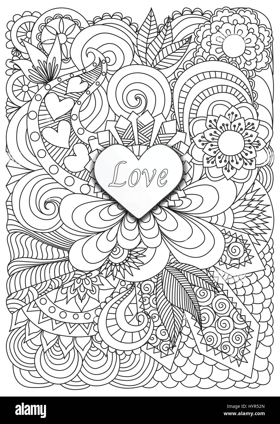 Forma di cuore di carta con la parola amore su sfondo floreale per scheda,l'invito e la colorazione degli adulti pagina del libro. Illustrazione Vettoriale. Illustrazione Vettoriale