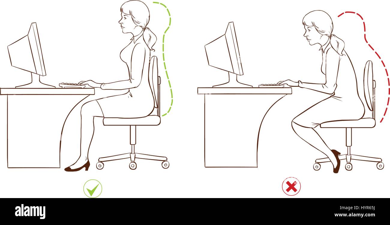Ragazza seduta in un ergonomicamente corretta stazione computer.(in bianco e nero) Illustrazione Vettoriale