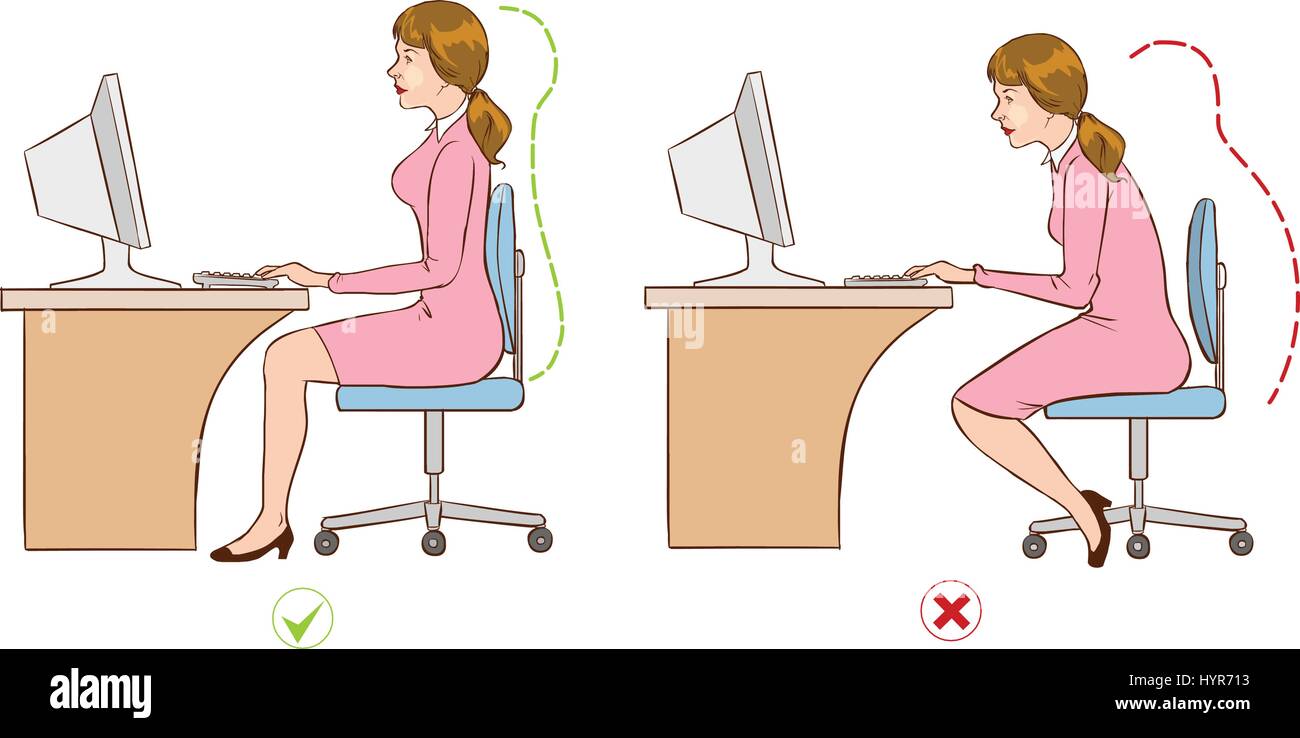 Ragazza seduta in un ergonomicamente corretta stazione di computer. Illustrazione Vettoriale