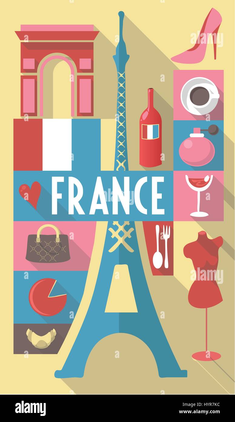 Icone culturali francesi sul viaggio poster. città simboli per cartoline, cartoni, poster Illustrazione Vettoriale