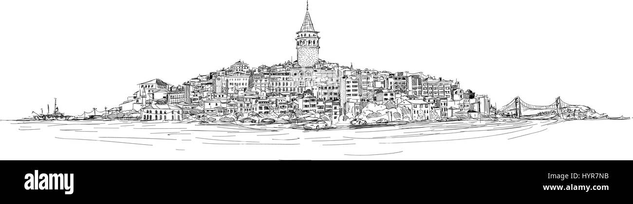 Vector disegno panoramica Torre di Galata Illustrazione Vettoriale