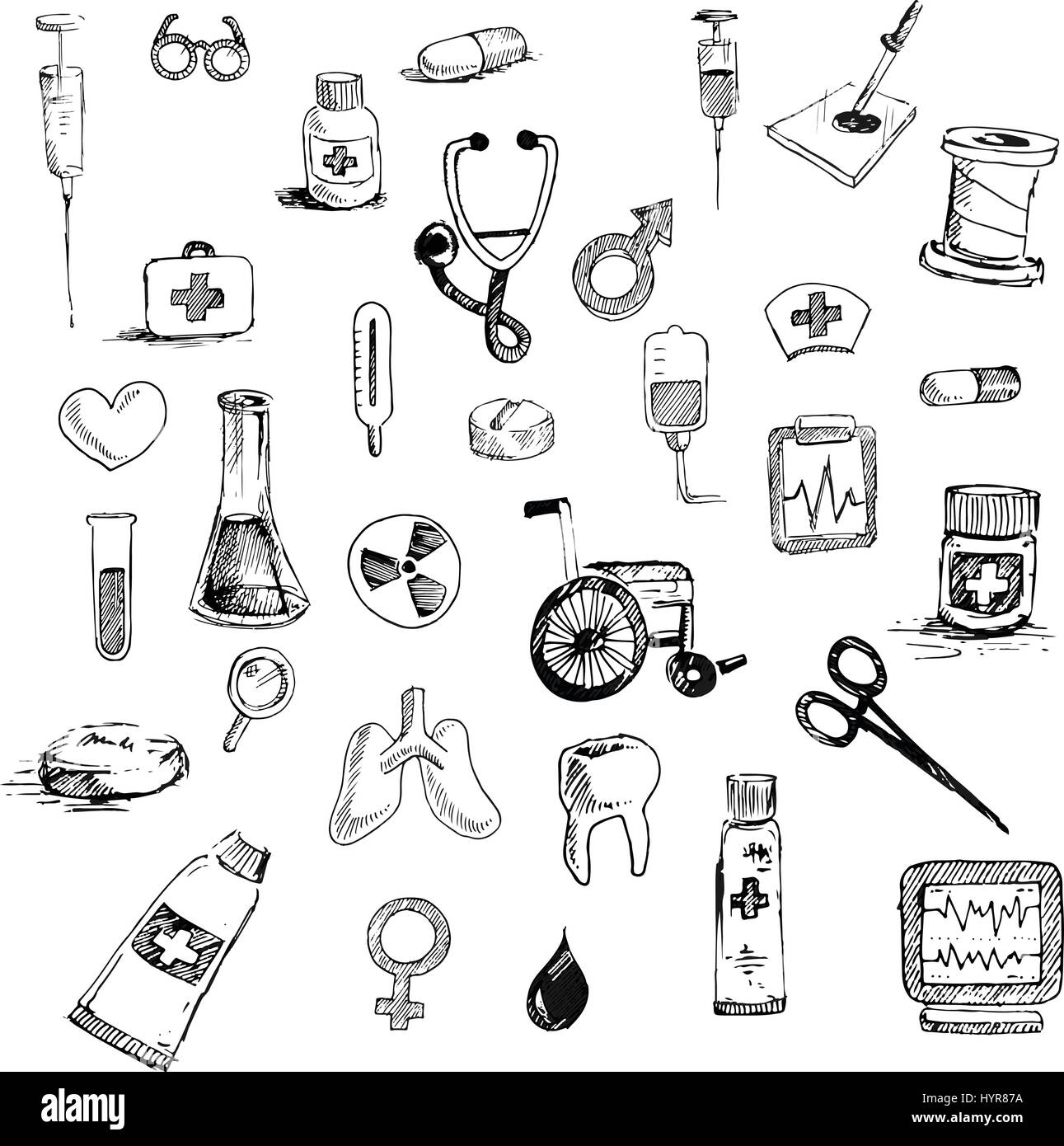 Medicina vettore icone doodle perfetta di design di sfondo Illustrazione Vettoriale