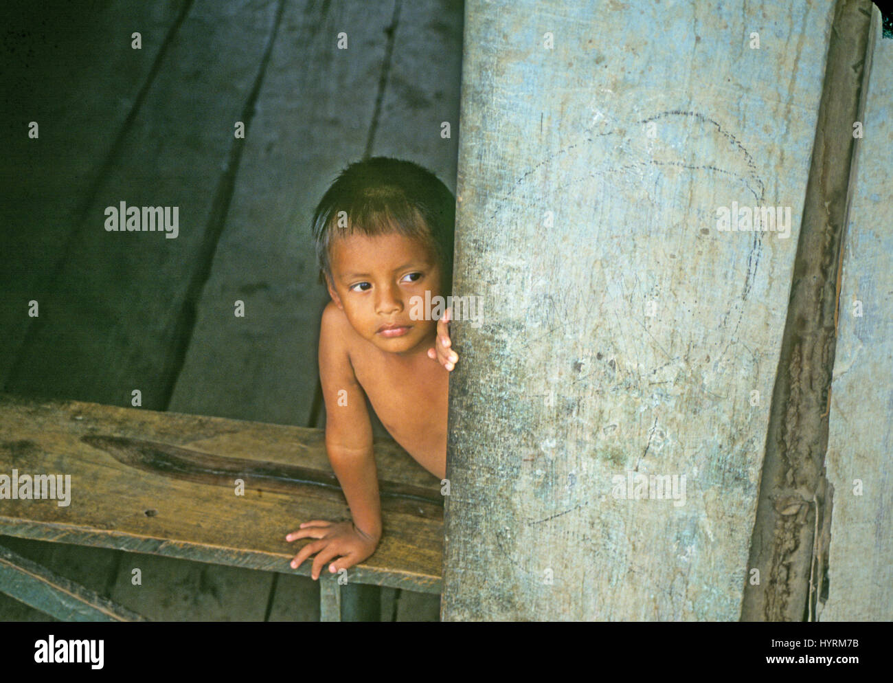 Un giovane ragazzo indiano di vivere su una casa galleggiante con la sua famiglia sul fiume Rio delle Amazzoni nei pressi di Iquitos, Perù, Sud America Foto Stock