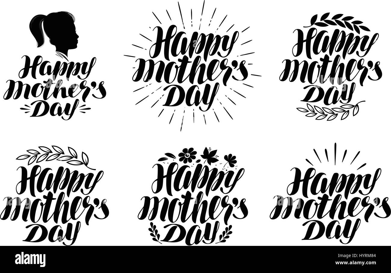 Felice Festa della mamma, set di etichette. Holiday icone o simboli. Lettere manoscritte calligrafia, illustrazione vettoriale Illustrazione Vettoriale