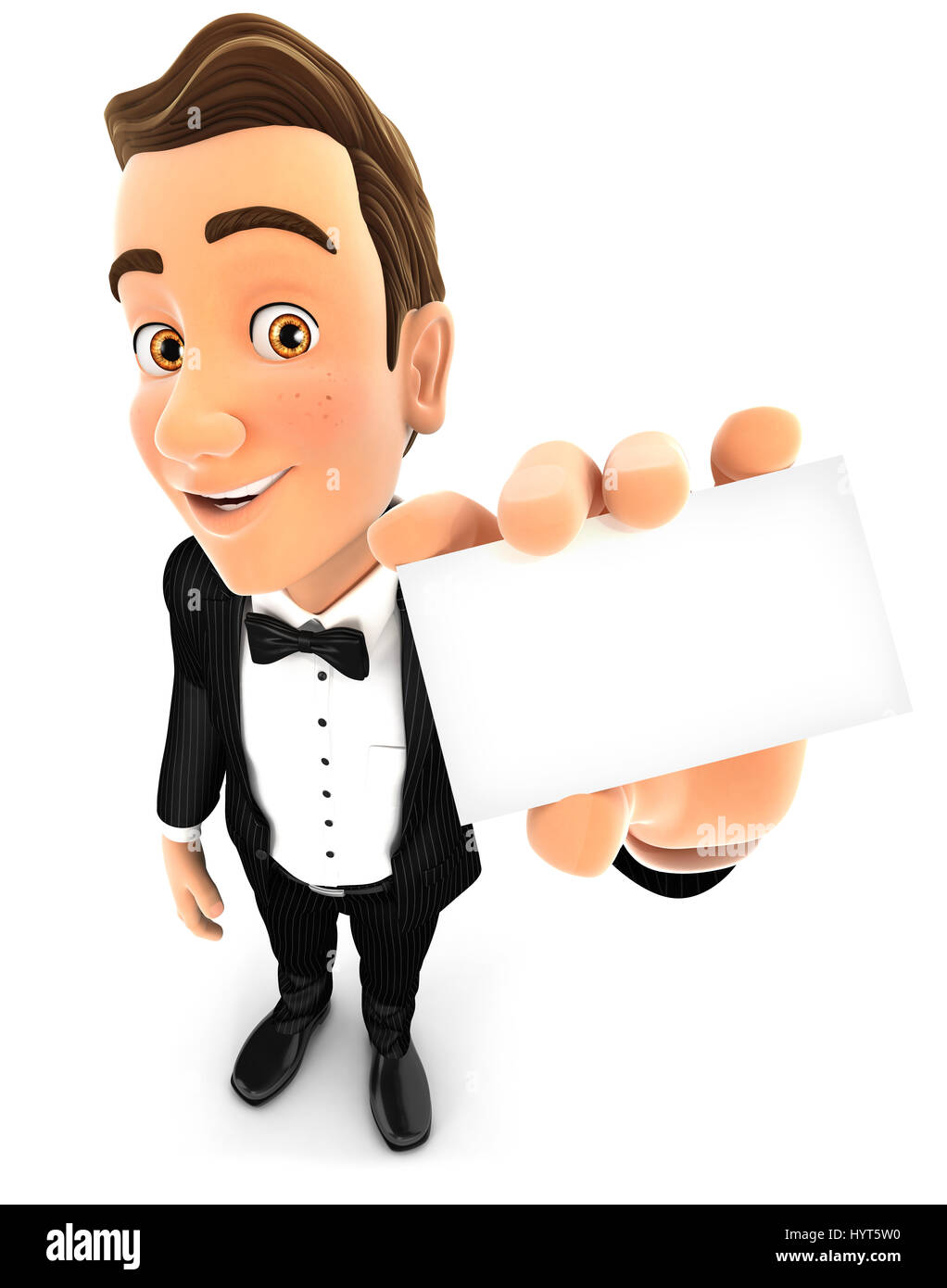 3d cameriere holding company card, illustrazione isolato con sfondo bianco Foto Stock