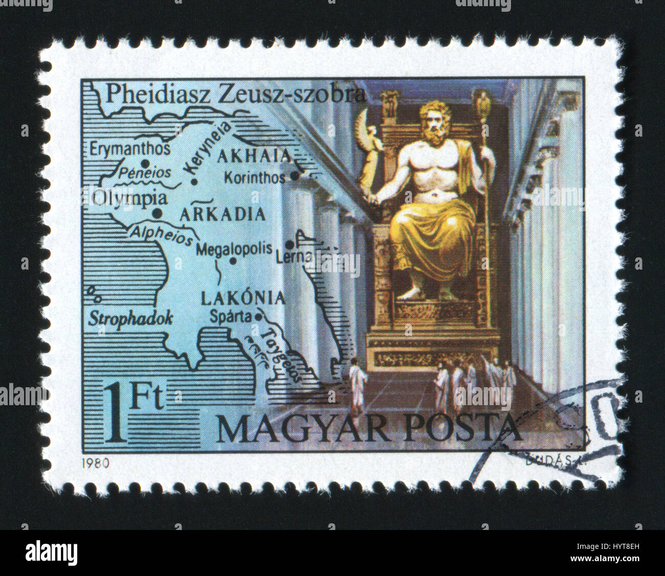 Ungheria - circa 1980: un timbro postale stampato in Ungheria mostra Zeus da Fidia, Sette Meraviglie del Mondo Antico, circa 1980. Foto Stock