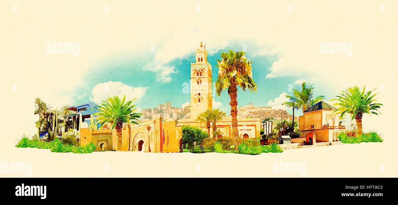 Alta risoluzione acquerello panoramica Marrakech città illustrazione Foto Stock