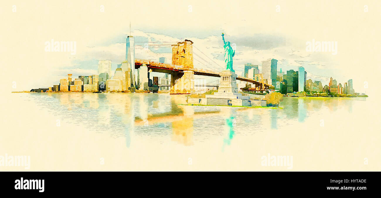 Alta risoluzione acquerello panoramica NEW YORK CITY illustrazione Foto Stock