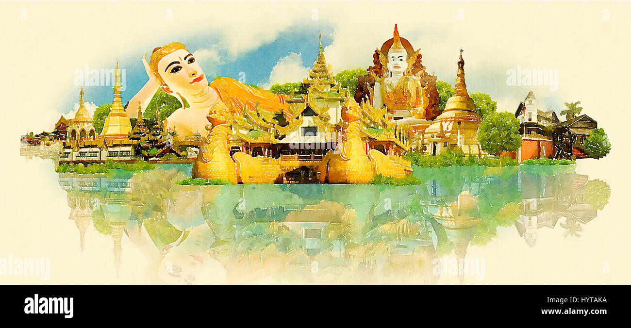 La città di Yangon colore acqua vettore illustrazione panoramica Foto Stock