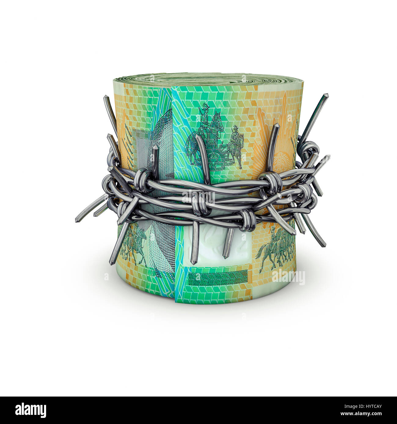 Vietato denaro dollari australiani / 3D illustrazione di arrotolato Australian centinaia di fatture del dollaro legata con filo spinato Foto Stock