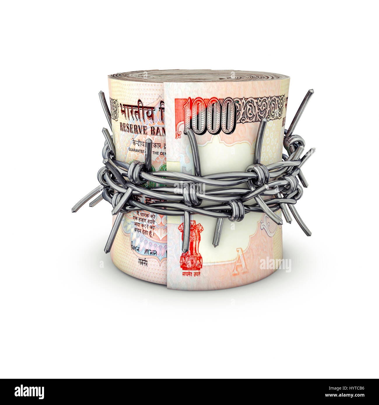 Vietato denaro rupees / 3D illustrazione di arrotolato mille rupee note legate con filo spinato Foto Stock