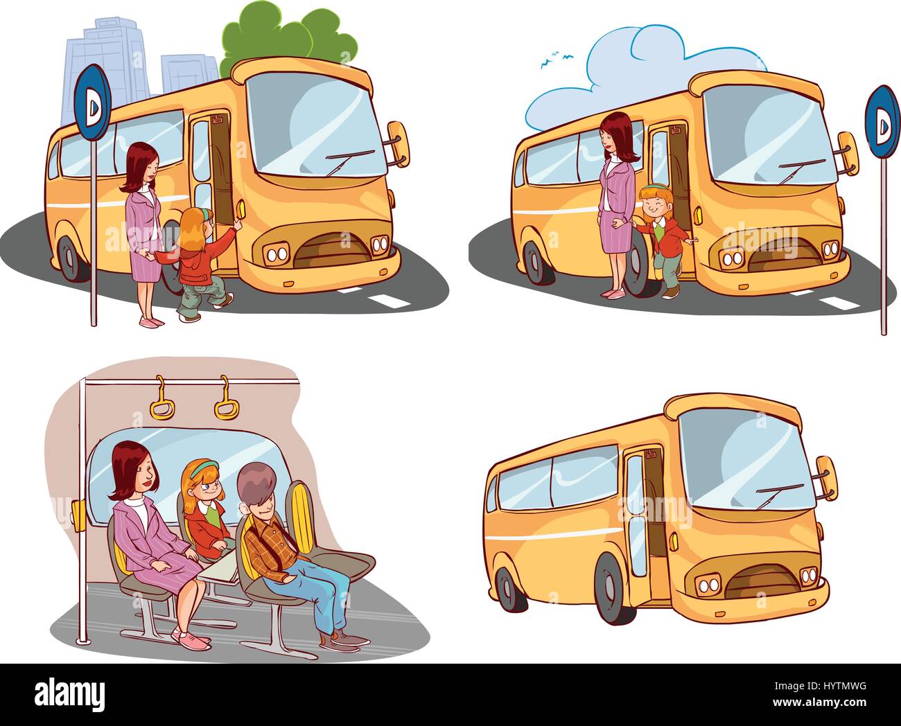 Illustrazione vettoriale di una madre e un bambino sul bus Illustrazione Vettoriale