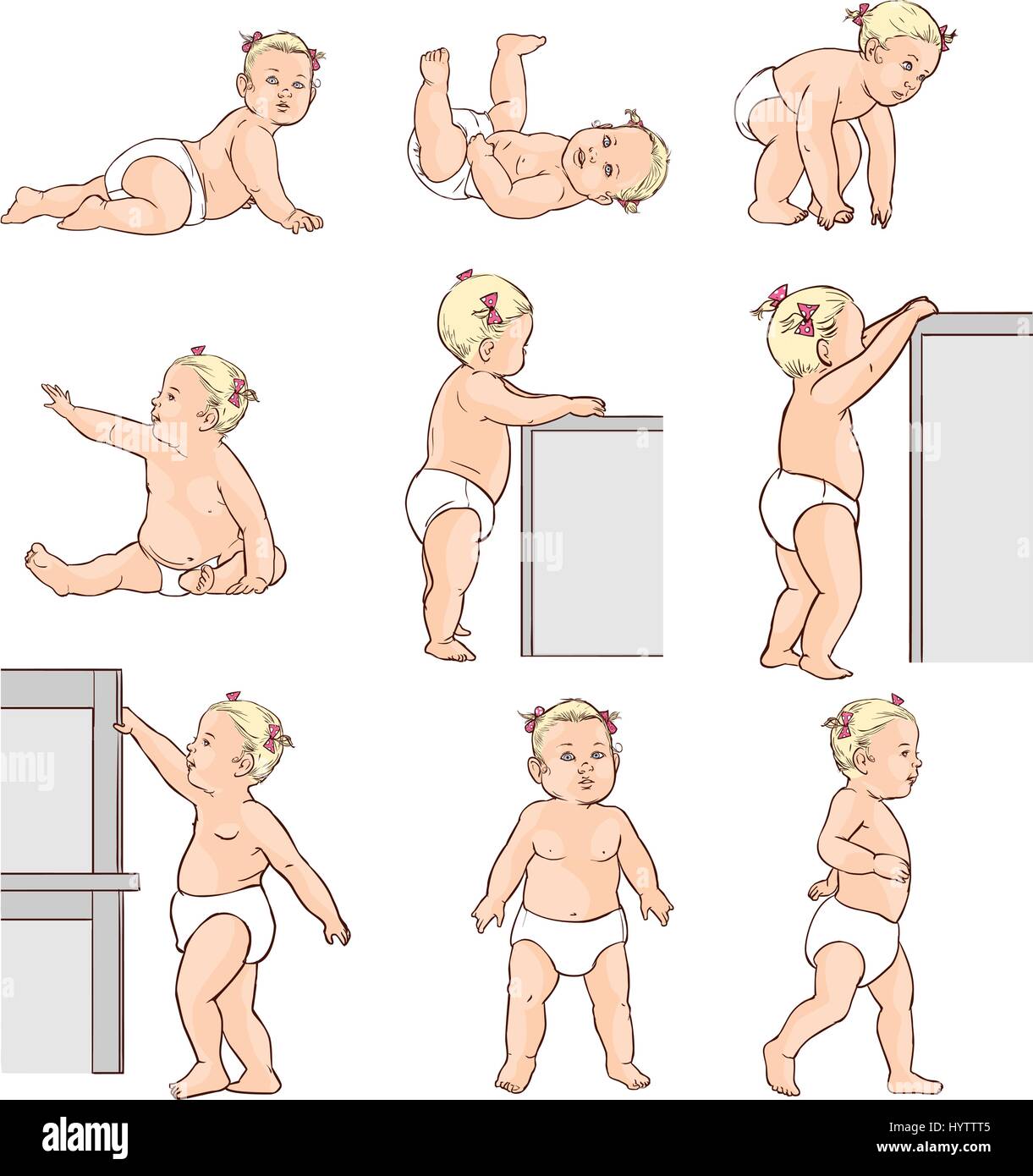 Per lo sviluppo del bambino bambino illustrazione stadi di crescita, pietre miliari dei bimbi Illustrazione Vettoriale