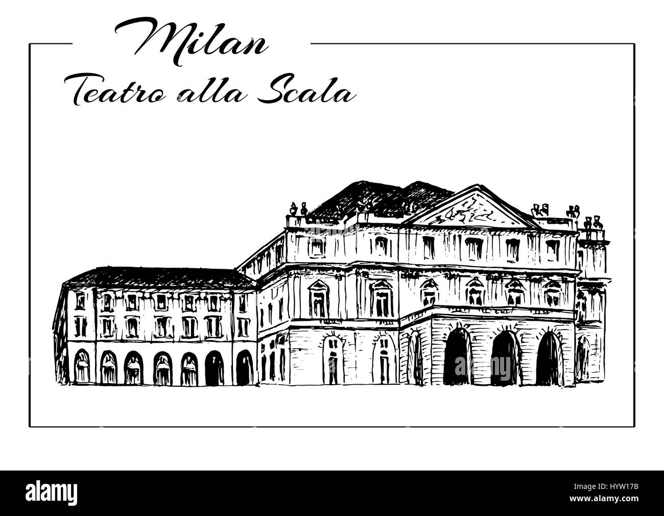 Teatro alla Scala. Teatro dell Opera di Milano, Italia. Il teatro musicale. Mano di vettore bozzetto illustrazione. Illustrazione Vettoriale