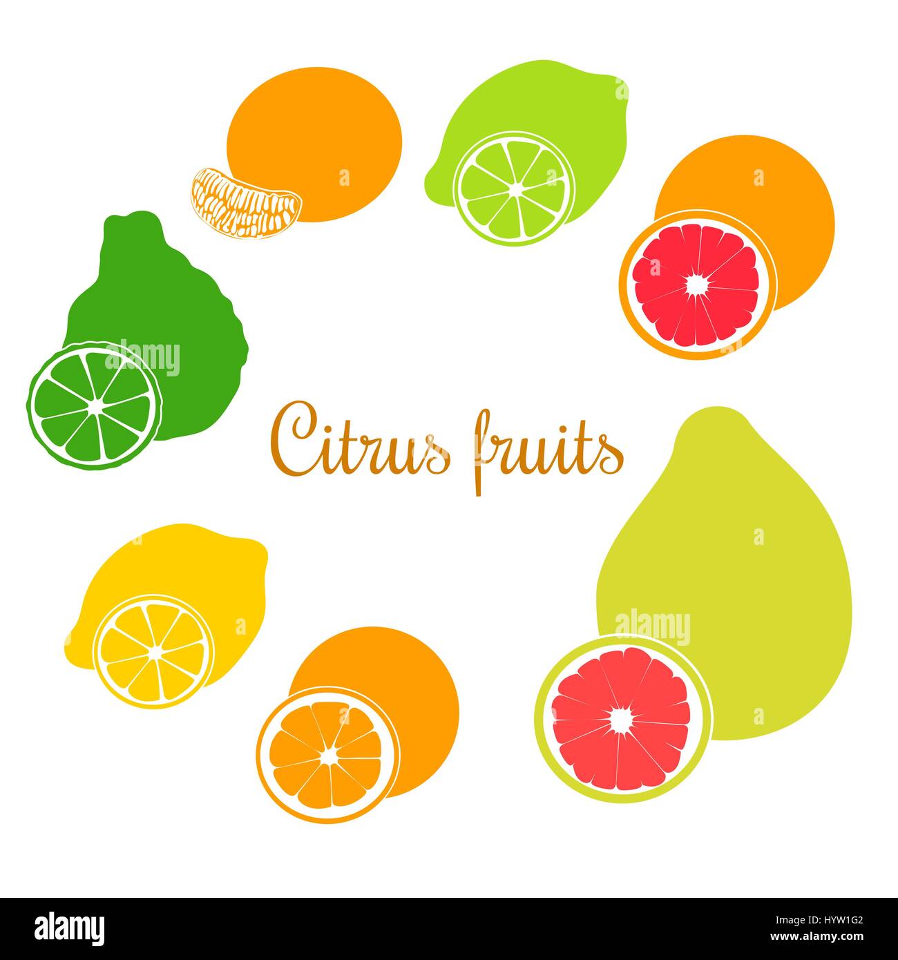 Collezione di agrumi piana prodotti - arancio, limone, calce, bergamotto, mandarino, pompelmo, pomelo. Set di vettore di frutti interi e fette. per cosmetici Illustrazione Vettoriale