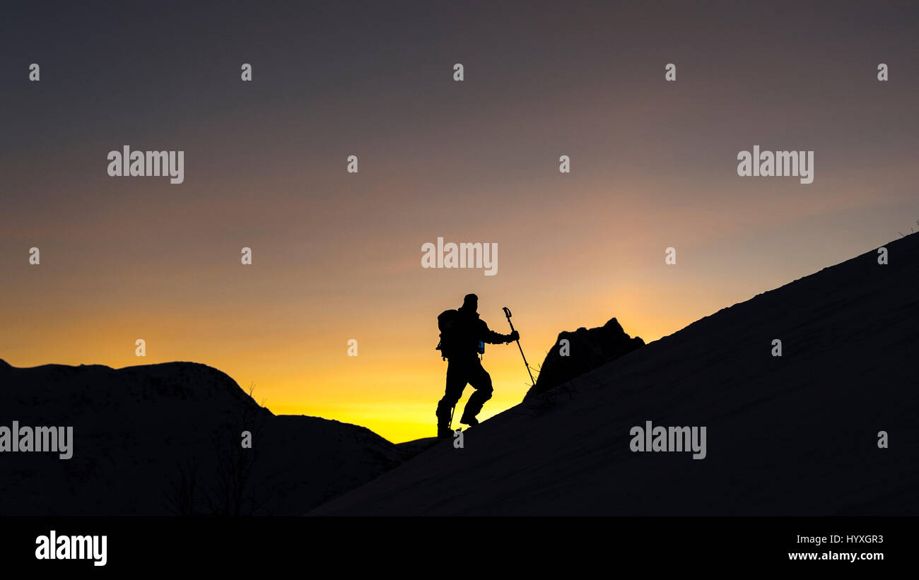 L'uomo prendendo una breve pausa e ammirando la vista, mentre lo sci alpinismo su Senja Isola, Norvegia settentrionale. Foto Stock
