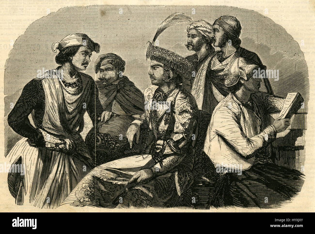 Antica incisione 1854, il Nepal ambasciata. "Un gruppo interessante è dato collegato con l'ambasciata di recente dalla remota regione del Nepal, ai piedi della montagna himalayana nel centro di East India, alla corte della regina Victoria." Fonte: incisione originale. Foto Stock