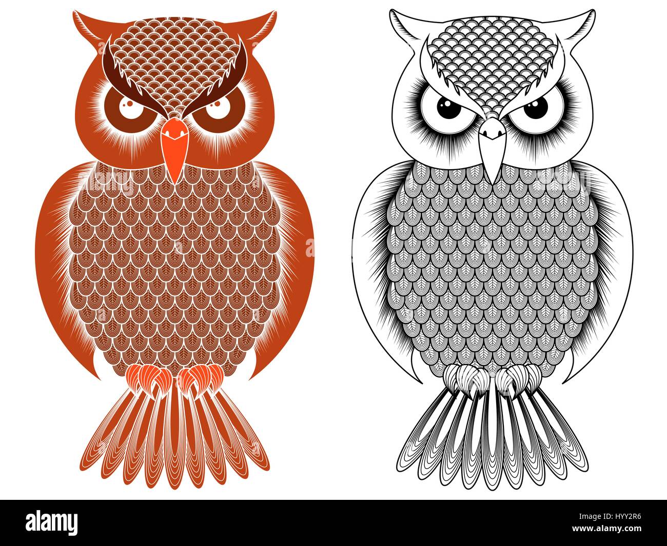 Contorno nero e arancione owl stencil con occhi rotondi isolato su uno sfondo bianco, illustrazione vettoriale Illustrazione Vettoriale