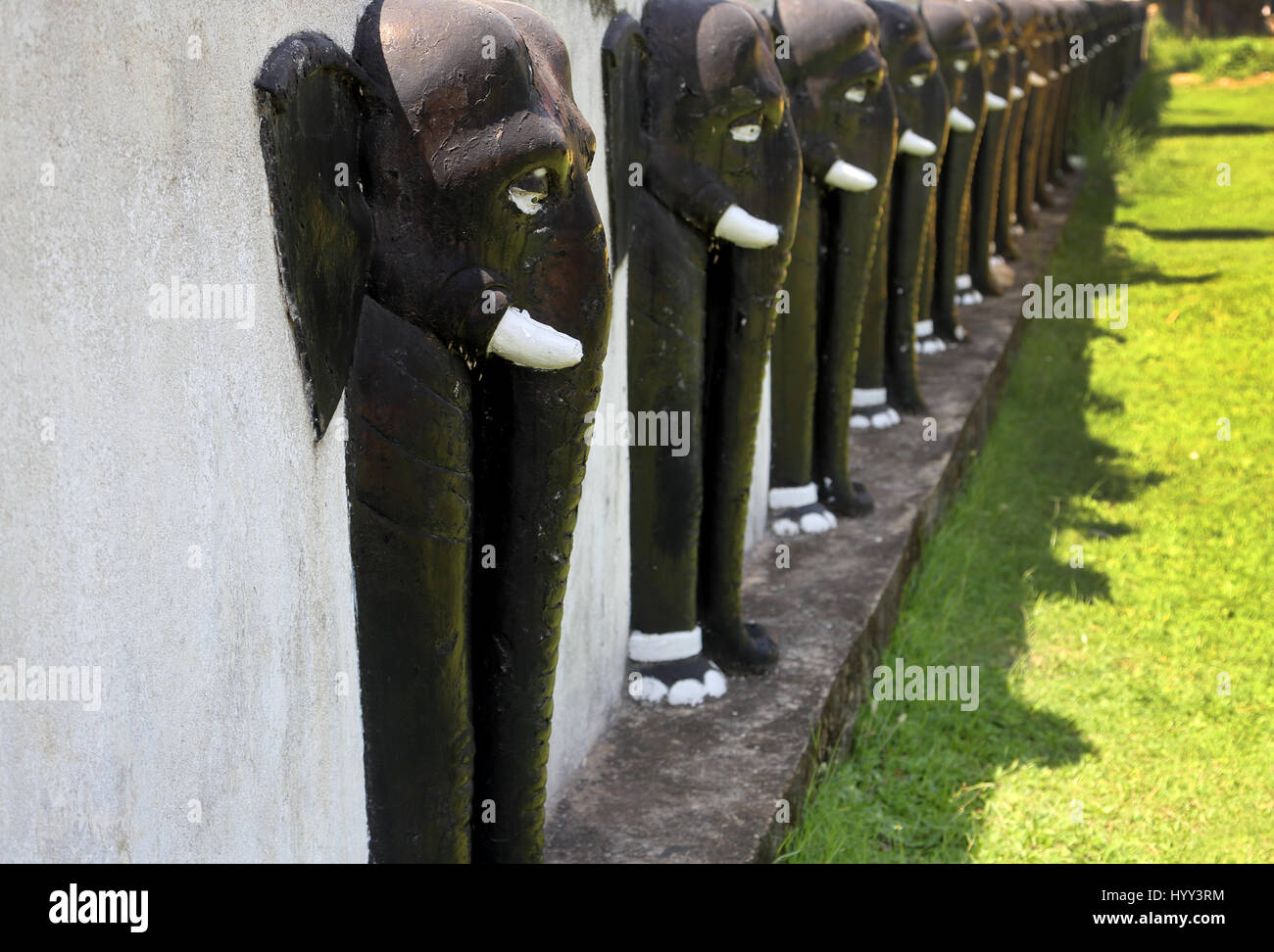 Roccia Aluviharaya tempio nella grotta ingresso Sri Lanka Matale District Kandy-Dambulla autostrada fila di elefanti intagliata nella parete Foto Stock