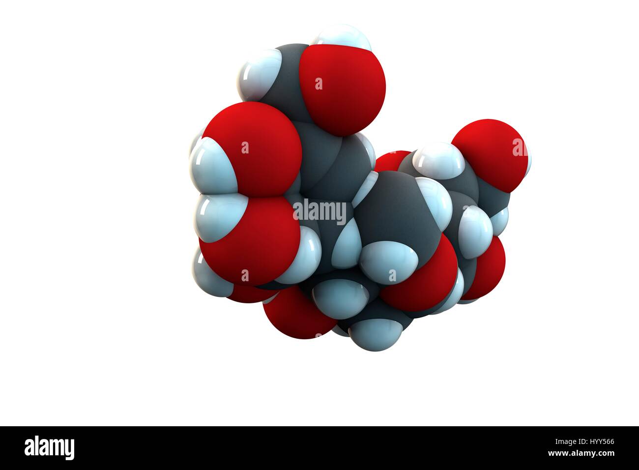 Acarbose diabete molecola di farmaco. Formula chimica è C25H43N18. Gli atomi sono rappresentati come sfere: carbonio (grigio), Idrogeno (bianco), Azoto (blu), Ossigeno (rosso). Illustrazione. Foto Stock