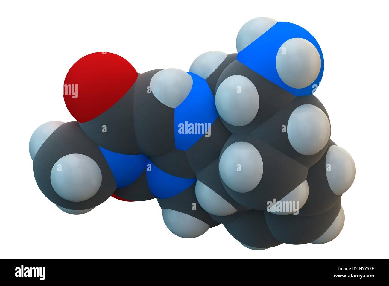 Diabete Alogliptin molecola di farmaco. Appartiene al dipeptidil peptidasi 4 (DPP-4), o gliptin, classe di medicamenti antidiabetici. Formula chimica è C18H21N5O2. Gli atomi sono rappresentati come sfere: carbonio (grigio), Idrogeno (bianco), Azoto (blu), Ossigeno (rosso). Illustrazione. Foto Stock