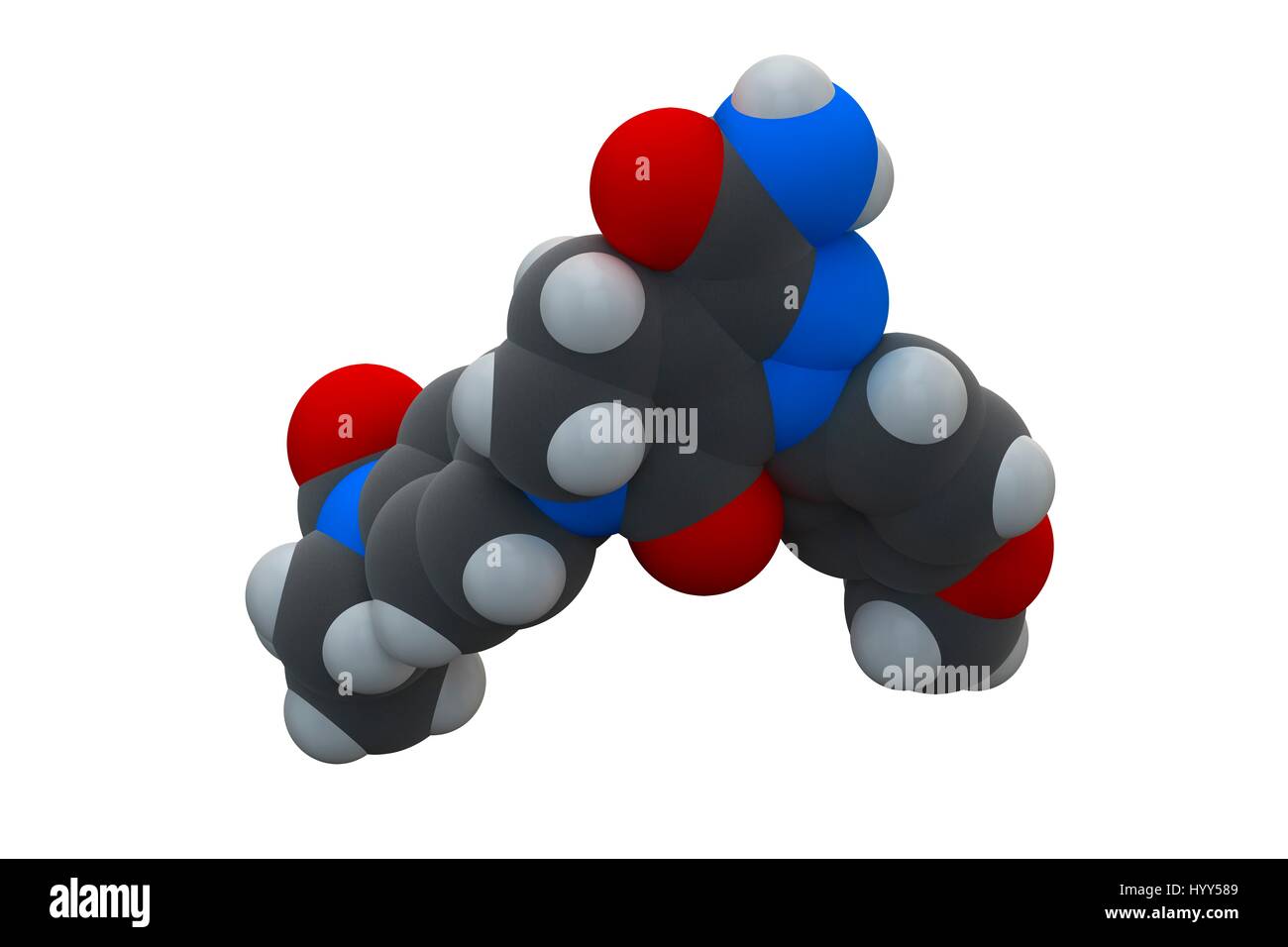 Apixaban farmaco anticoagulante molecola (diretto inibitore FXa). Formula chimica è C25H25N5O4. Gli atomi sono rappresentati come sfere: carbonio (grigio), Idrogeno (bianco), Azoto (blu), Ossigeno (rosso). Illustrazione. Foto Stock