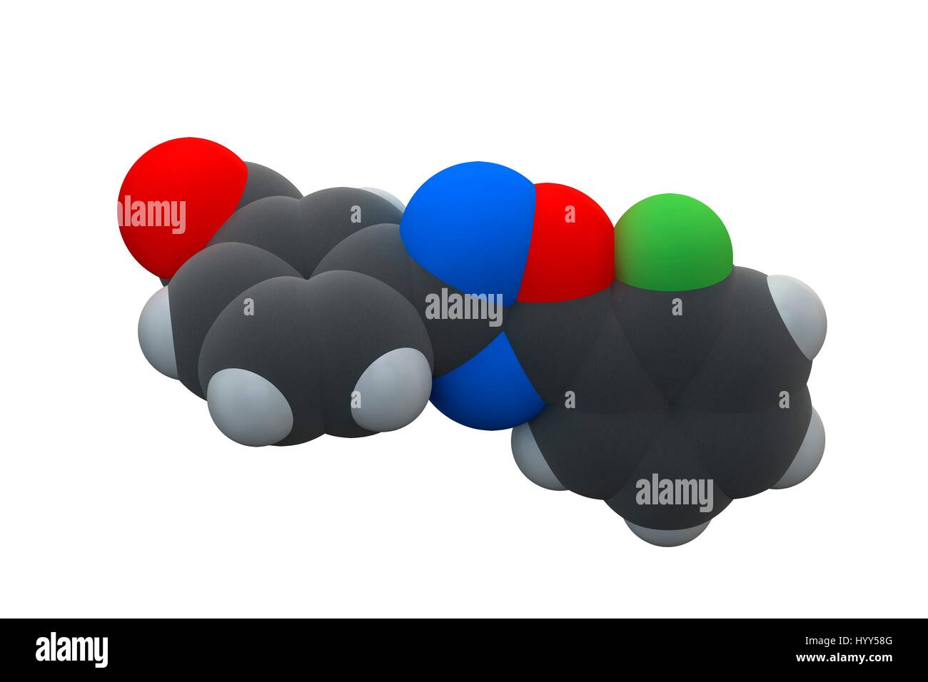 Ataluren disordine genetico di farmaco. Utilizzato nel trattamento della fibrosi cistica e la distrofia muscolare di Duchenne. Formula chimica C15H9FN2O3. Gli atomi sono rappresentati come sfere: carbonio (grigio), Idrogeno (bianco), Azoto (blu), Ossigeno (rosso), il fluoro (giallo). Illustrazione. Foto Stock
