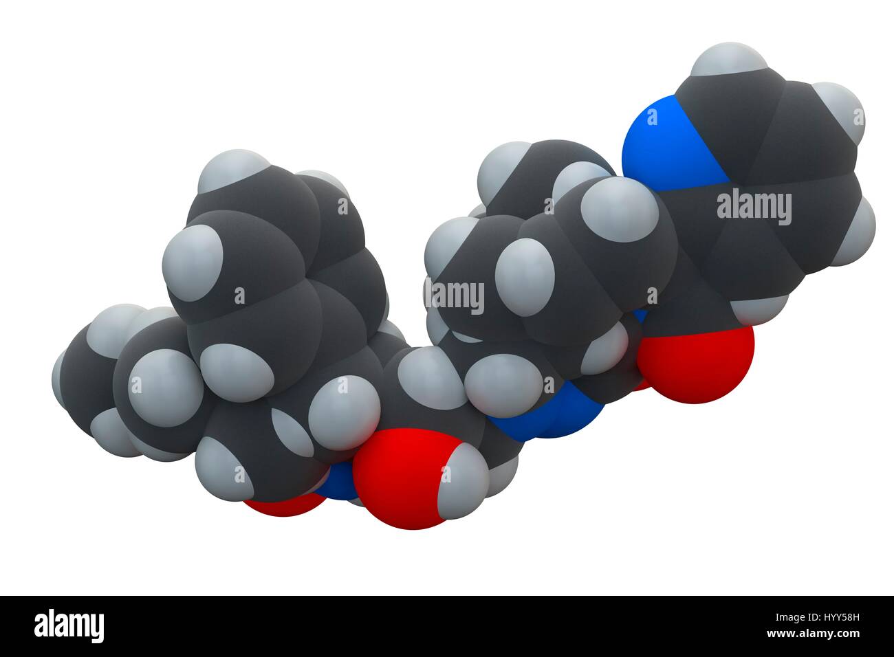 Atazanavir HIV (farmaco inibitore della proteasi classe molecola). Formula chimica è C38H52N6O7. Gli atomi sono rappresentati come sfere: carbonio (grigio), Idrogeno (bianco), Azoto (blu), Ossigeno (rosso). Illustrazione. Foto Stock