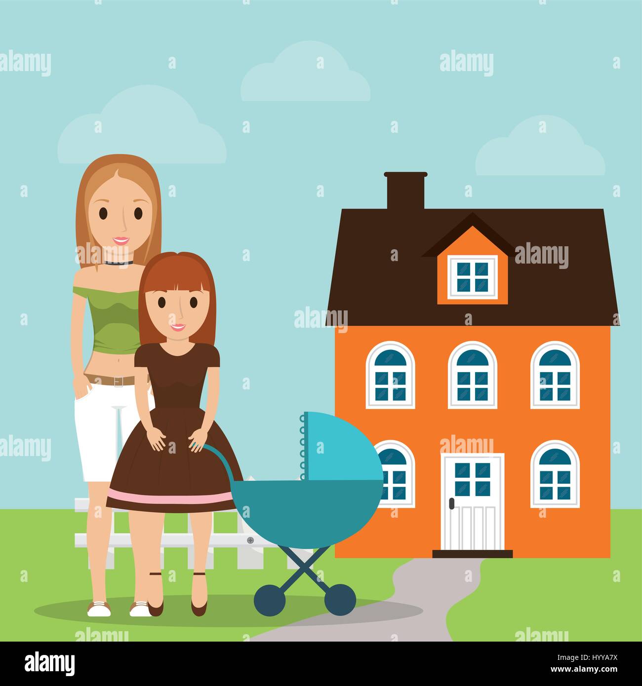 Madre e figlia baby carriage house Illustrazione Vettoriale