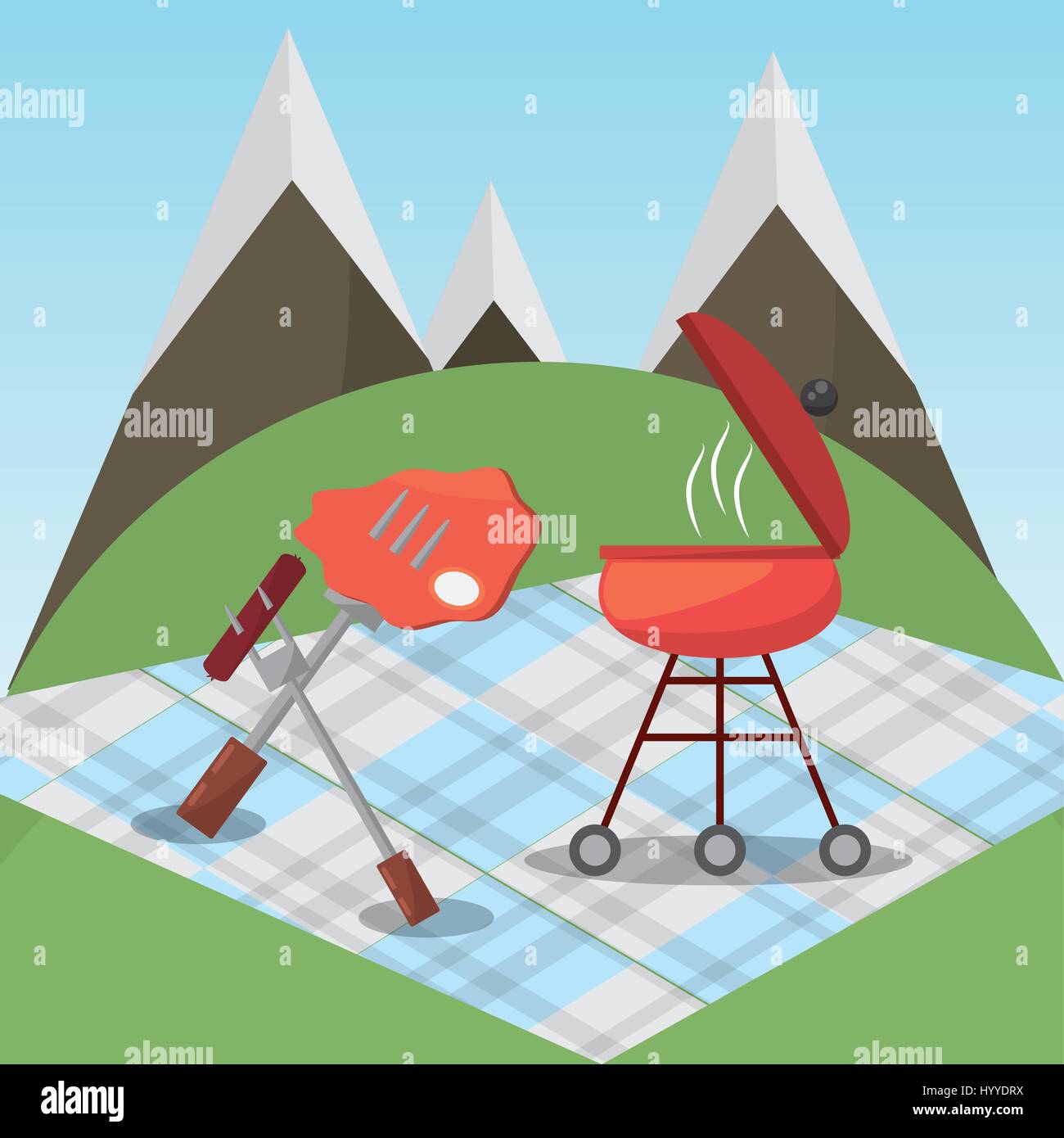 Picnic cibo alla griglia coperta montagne Illustrazione Vettoriale