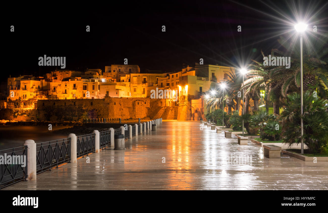Vista panoramica di Vieste di notte, provincia di Foggia, Puglia (Italia) Foto Stock