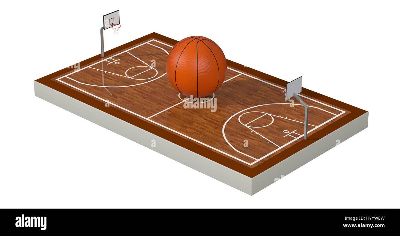 Campo di basket con una grande palla, sfondo bianco (3d rendering) Foto Stock