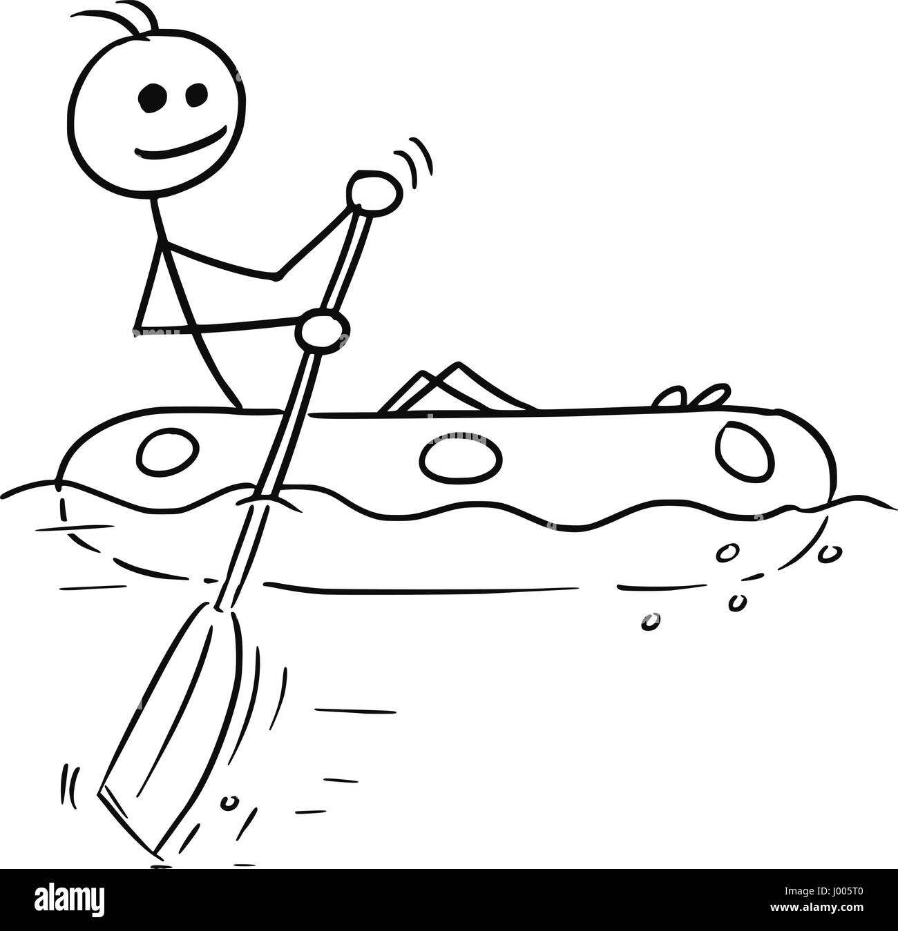 Vettore di Cartoon stickman sorridente godendo la vela di una barca in gomma Illustrazione Vettoriale