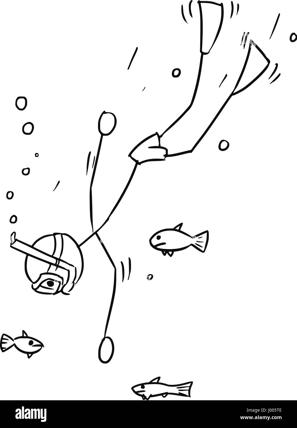 Vettore di Cartoon stickman apneista scendendo in profondità con pesce intorno in estate Vacanza Ferie Illustrazione Vettoriale