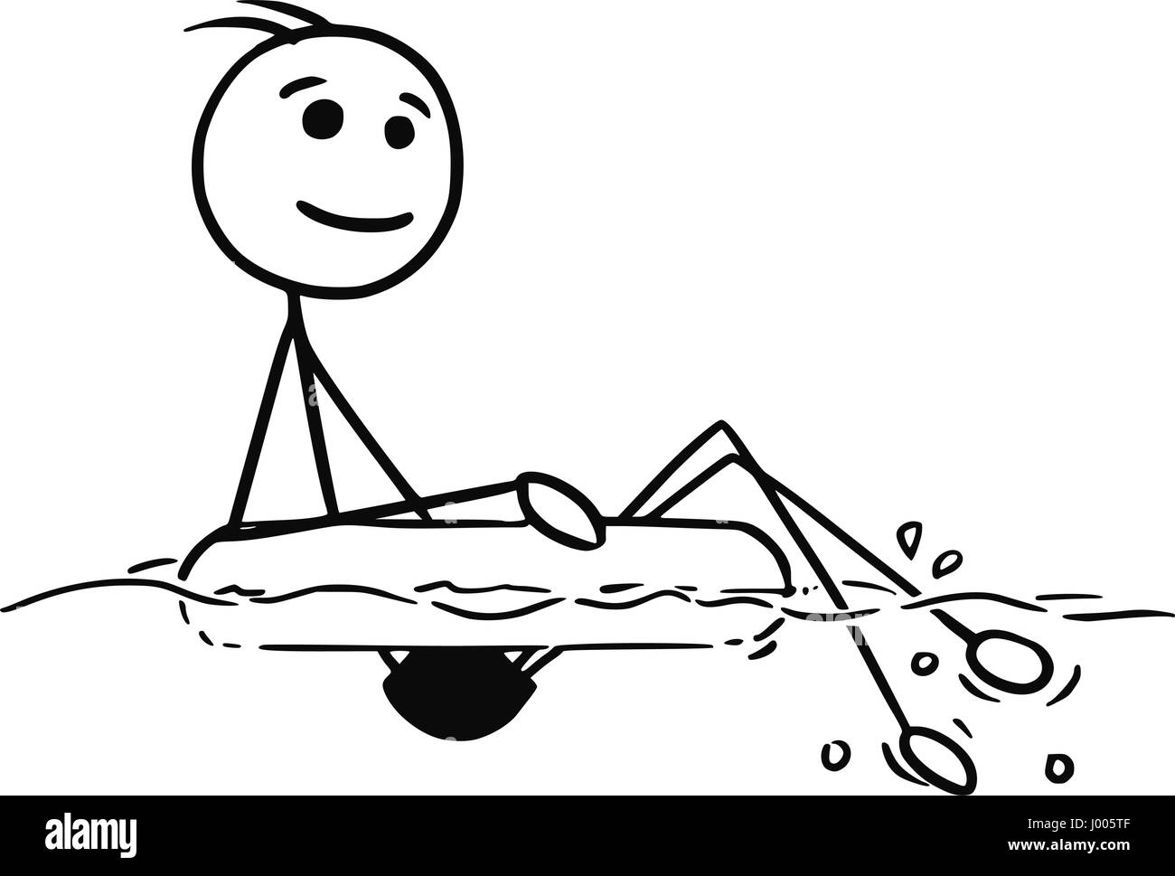 Vettore di Cartoon stickman sorridente godendo relax seduti sul gonfiabile anello nuotare Illustrazione Vettoriale