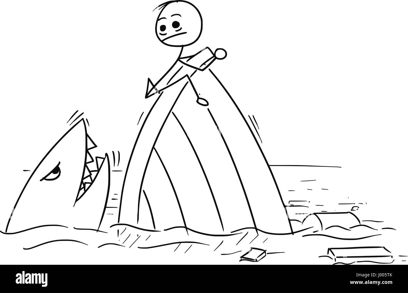 Vettore di Cartoon stickman uomo azienda sulla nave relitto cercando di rimanere lontano dalla shark Illustrazione Vettoriale