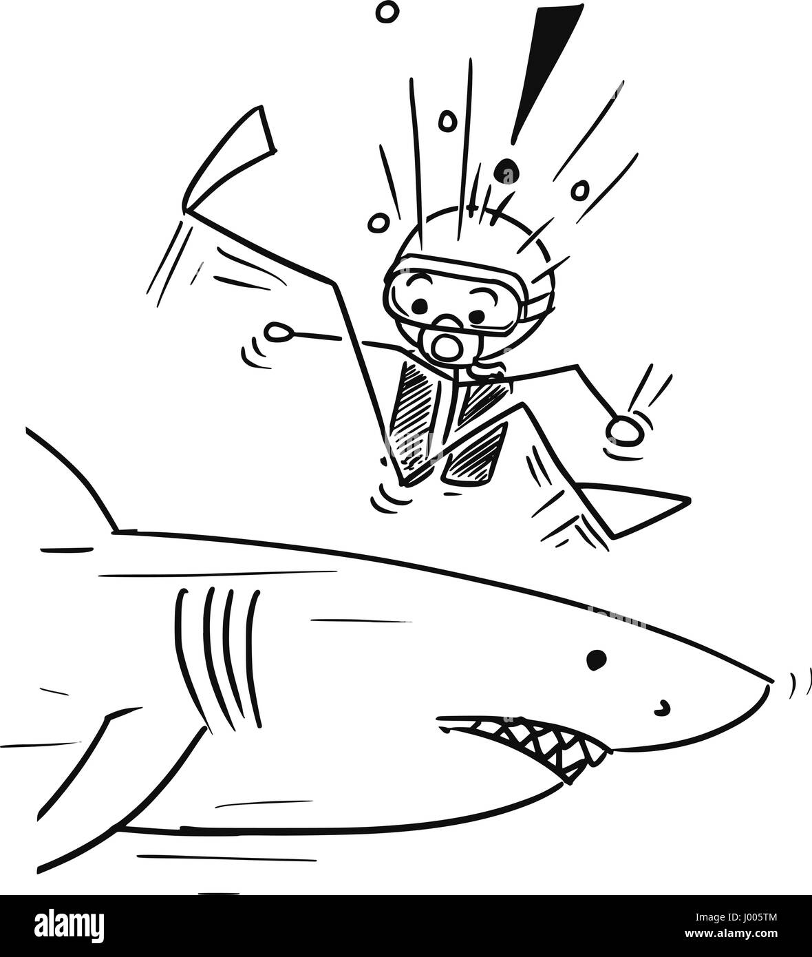 Vettore di Cartoon stickman scuba diver soddisfano grande squalo pericoloso inaspettatamente Illustrazione Vettoriale