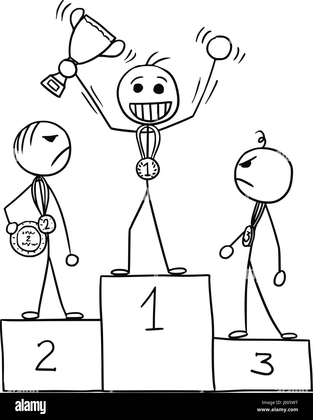 Vettore di Cartoon stickman tre maschi in piedi sui vincitori' podio rostro, vincitore è godendo e celebrando, perdenti sono la visione di lui nella rabbia Illustrazione Vettoriale
